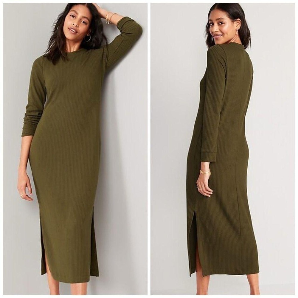 Old Navy MEDIUM Ribbed Knit Long Sleeve Midi Dress Womens Green Minimalist Slit‎